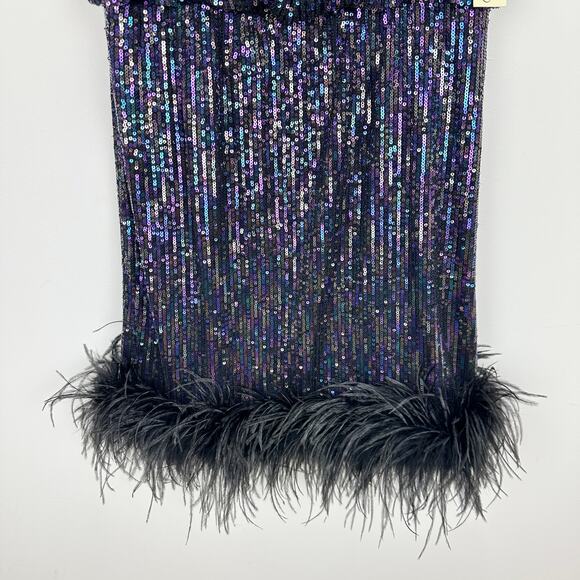 Eliza J Sequined Feather Hem Mini Dress Party Glam Mockneck Sleeveless US 6 NWT - Picture 10 of 13